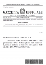 Decreto Legislativo 3 marzo 2011, n.28. Attuazione della direttiva 2009/28/CE sulla promozione dell&#039;uso dell&#039;energia da fonti rinnovabili