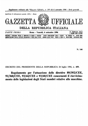 Decreto del Presidente della Repubblica 24 luglio 1996, n. 459. Recepimento direttiva macchine