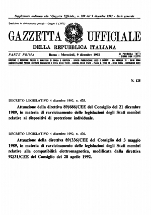 Decreto legislativo 4 dicembre 1992, n. 475. Dispositivi di protezione individuale
