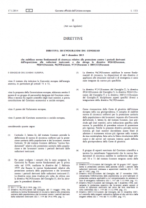 Direttiva 2013/59/EURATOM. Protezione contro i pericoli da esposizione a radiazioni ionizzanti