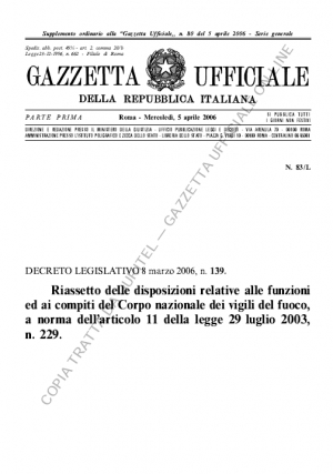 Decreto Legislativo 8 marzo 2006, n. 139. Funzioni e compiti dei Vigili del Fuoco