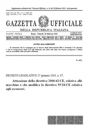 Decreto Legislativo 27 gennaio 2010, n. 17. Recepimento direttiva macchine